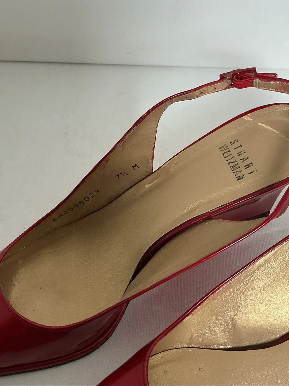 Stuart Weitzman Pointed Toe Slingback Ruby Red Patent Leather Wedge